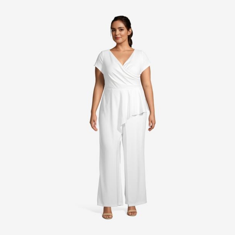 Asymmetrical White Jumpsuit With Surplice Top |